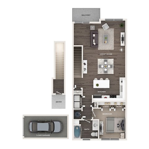 Floor plan for 1 bed, 1 bath, 886 sqft