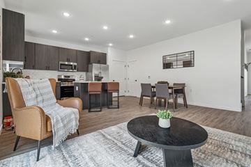 Inver Grove Heights apartment for rent - A modern living room with a brown leather chair and a black coffee table.