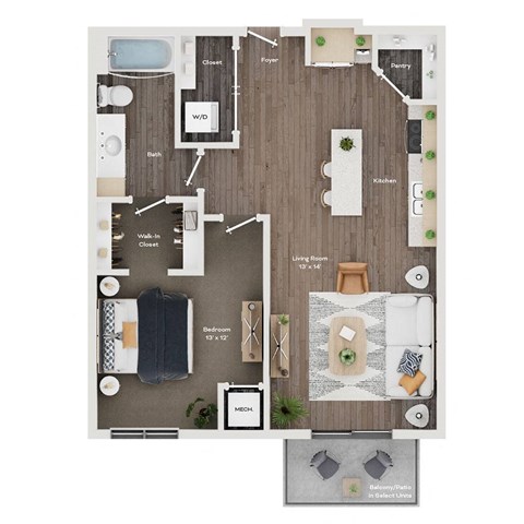 Floor plan for 1 bed, 1 bath, 774 sqft