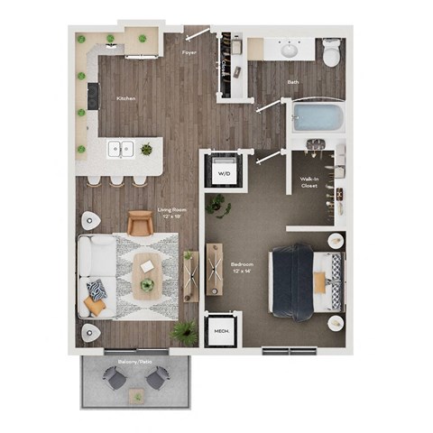 Floor plan for 1 bed, 1 bath, 774 sqft