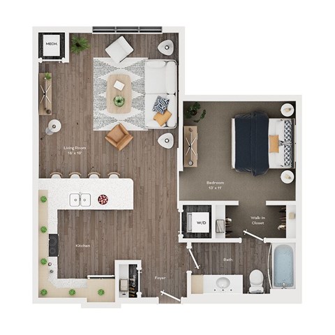 Floor plan for 1 bed, 1 bath, 774 sqft