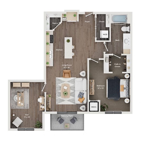 Floor plan for 1 bed, 1 bath, 946 sqft