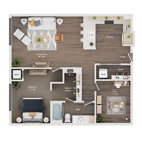 Floor plan for 1 bed, 1 bath, 1036 sqft