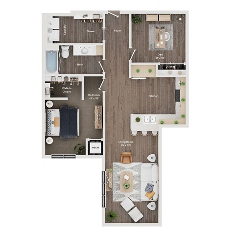 Floor plan for 1 bed, 1 bath, 1040 sqft