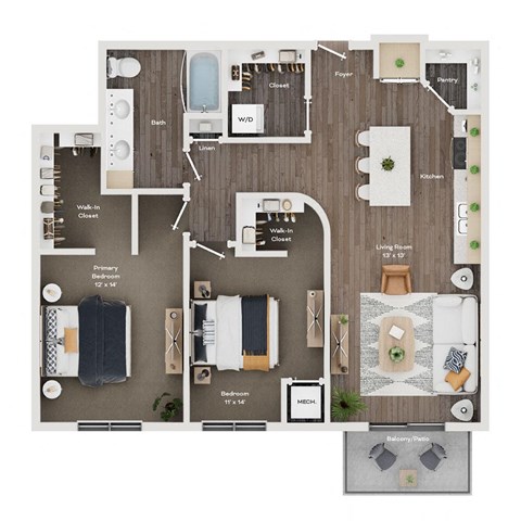 Floor plan for 2 beds, 1 bath, 1003 sqft