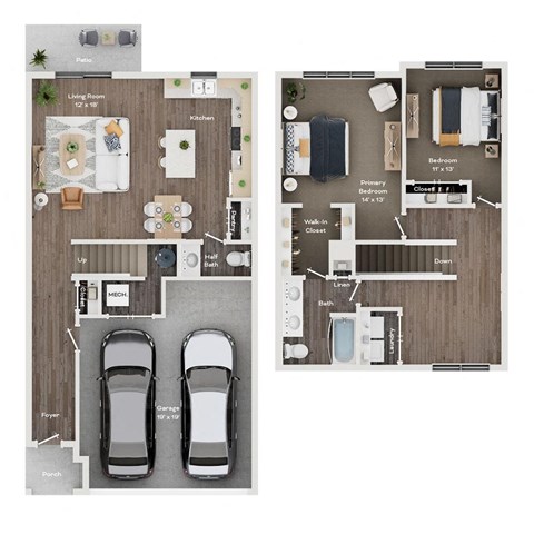 Floor plan for 2 beds, 1.5 baths, 1397 sqft