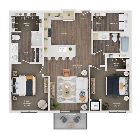 Floor plan for 2 beds, 2 baths, 1144 sqft