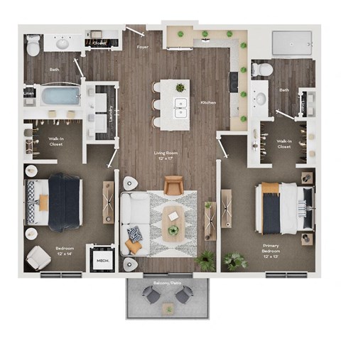 Floor plan for 2 beds, 2 baths, 1147 sqft