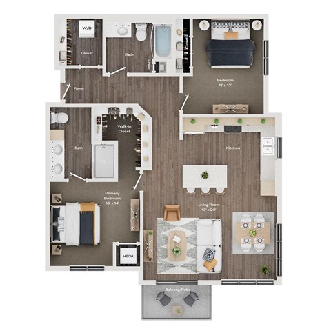 Floor plan for 2 beds, 2 baths, 1185 sqft