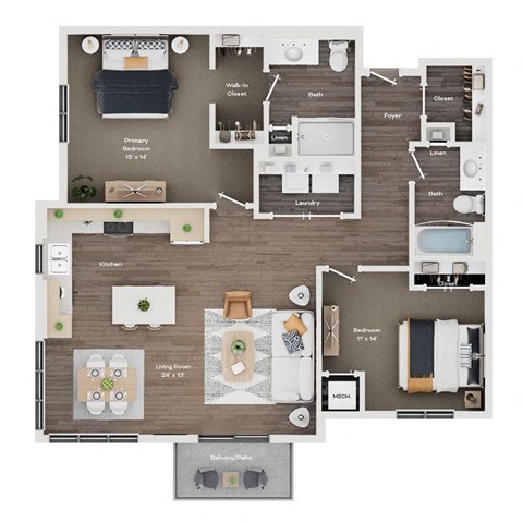 Floor plan for 2 beds, 2 baths, 1227 sqft