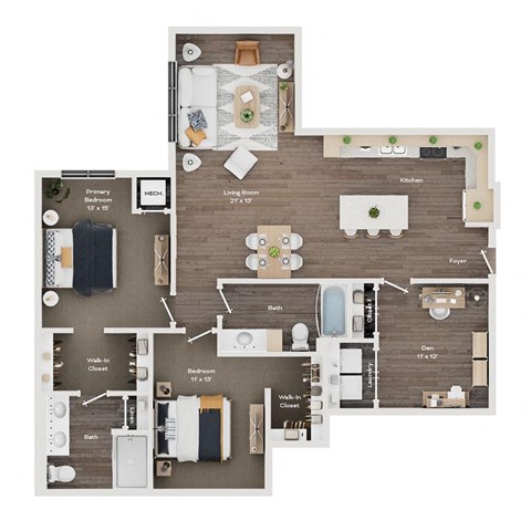 Floor plan for 2 beds, 2 baths, 1362 sqft