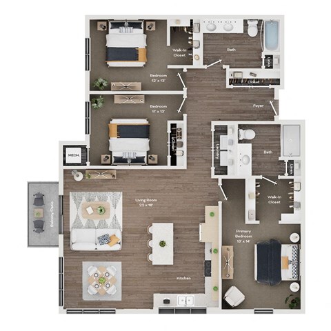 Floor plan for 3 beds, 2 baths, 1382 sqft