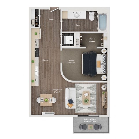 Floor plan for 1 bed, 1 bath, 654 sqft