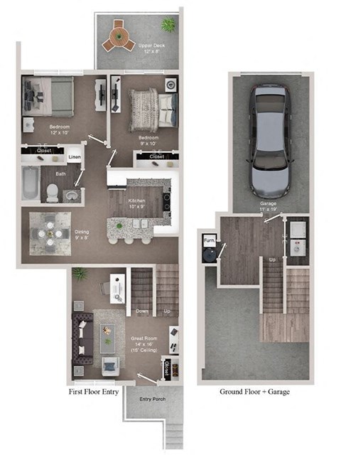 Floor plan for 2 beds, 1 bath, 958 sqft