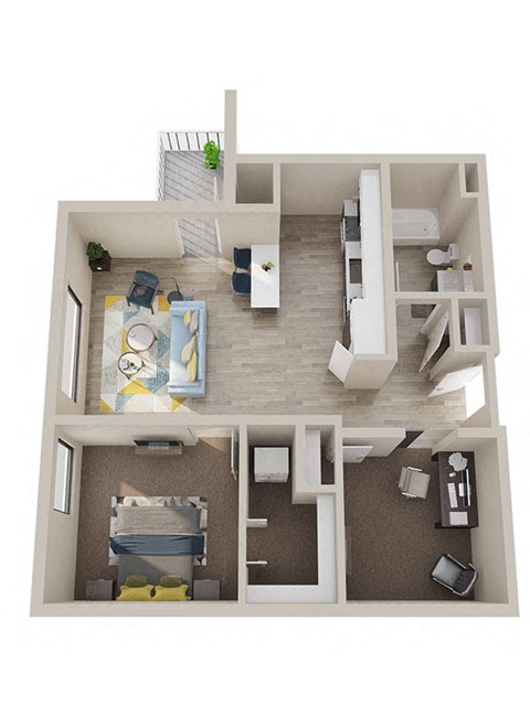 Floor plan for 2 beds, 1 bath, 897 sqft
