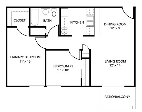 Floor plan for 2 beds, 1 bath, 884 sqft
