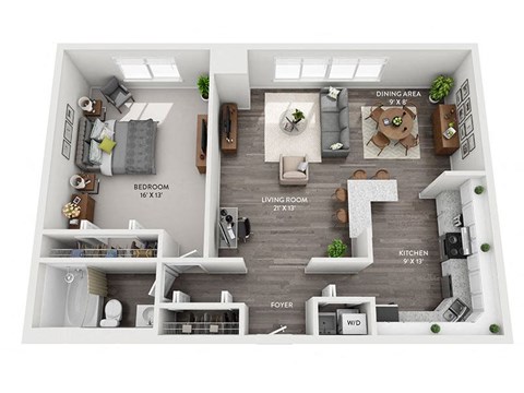 Floor plan for 1 bed, 1 bath, 855 sqft