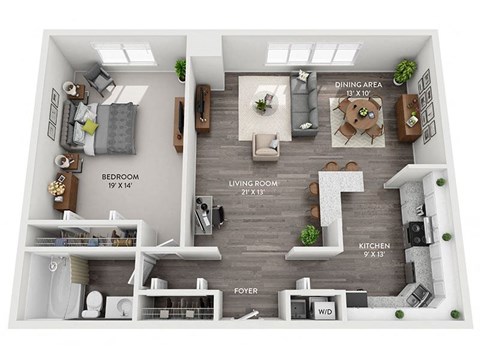 Floor plan for 1 bed, 1 bath, 940 sqft