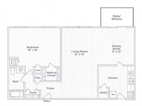 Floor plan for 1 bed, 1 bath, 945 sqft