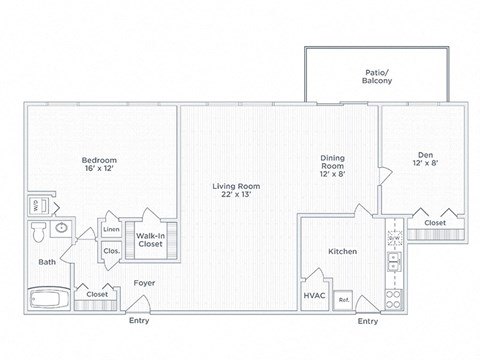 Floor plan for 2 beds, 1 bath, 1055 sqft