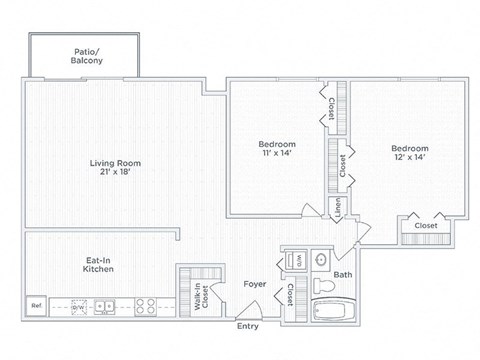 Floor plan for 2 beds, 1 bath, 1115 sqft