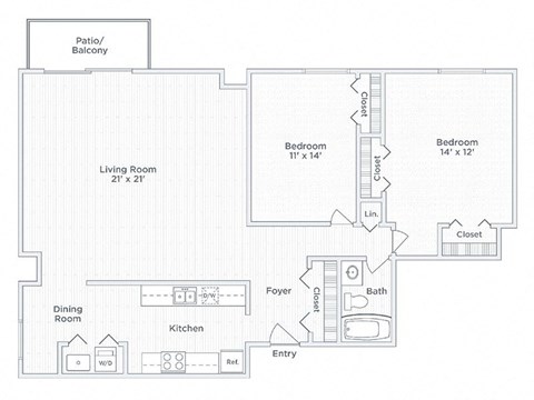 Floor plan for 2 beds, 1 bath, 1215 sqft