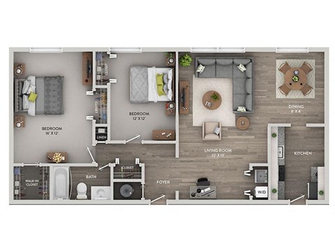 Floor plan for 2 beds, 1 bath, 1035 sqft