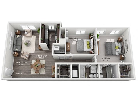 Floor plan for 2 beds, 2 baths, 1050 sqft