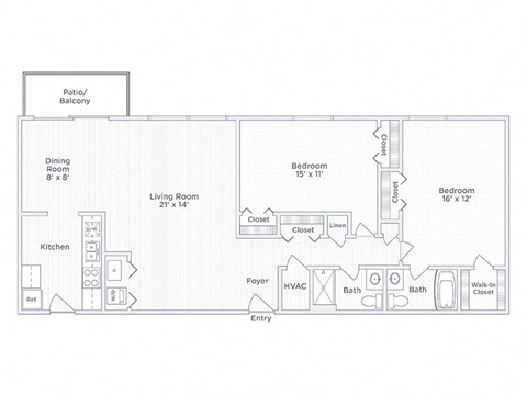 Floor plan for 2 beds, 2 baths, 1165 sqft
