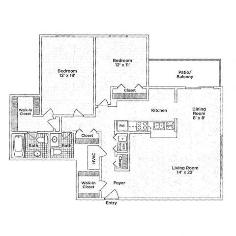 Floor plan for 2 beds, 2 baths, 1320 sqft