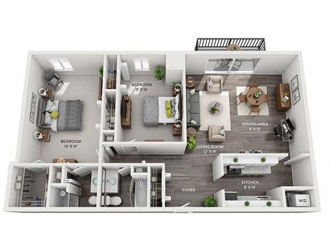 Floor plan for 2 beds, 2 baths, 1415 sqft