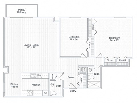 Floor plan for 2 beds, 2 baths, 1205 sqft