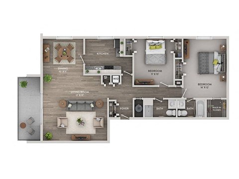 Floor plan for 2 beds, 2 baths, 1225 sqft