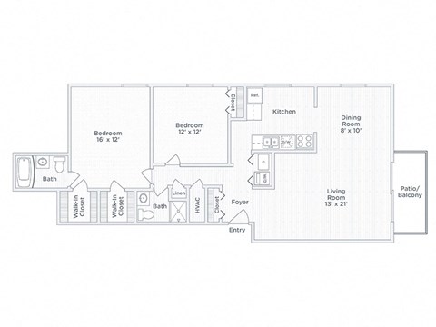 Floor plan for 2 beds, 2 baths, 1230 sqft