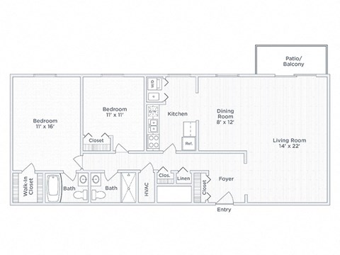 Floor plan for 2 beds, 2 baths, 1235 sqft