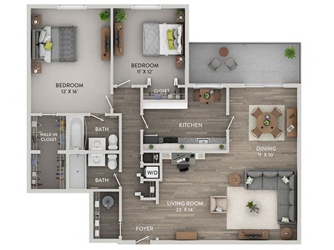Floor plan for 2 beds, 2 baths, 1245 sqft