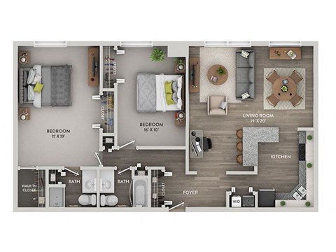 Floor plan for 2 beds, 2 baths, 1255 sqft