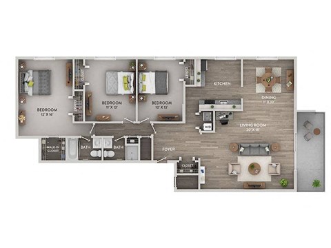 Floor plan for 3 beds, 2 baths, 1455 sqft