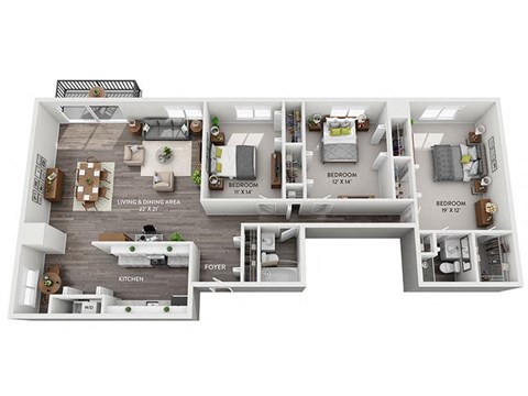 Floor plan for 3 beds, 2 baths, 1610 sqft