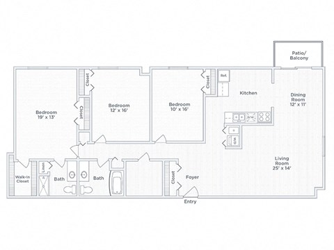 Floor plan for 3 beds, 2 baths, 1640 sqft