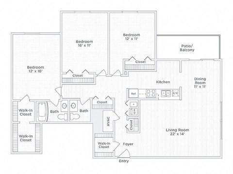 Floor plan for 3 beds, 2 baths, 1655 sqft
