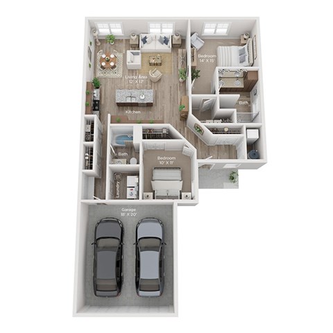 Floor plan for 2 beds, 2 baths, 1398 sqft