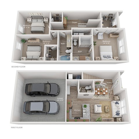 Floor plan for 3 beds, 2.5 baths, 1498 sqft