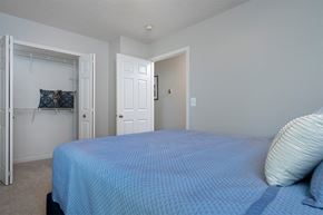 Mason apartment for rent - a bedroom with a blue bed and a closet
