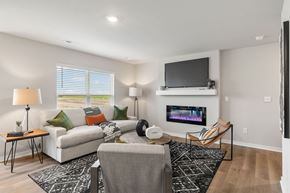 Ankeny apartment for rent - A living room with a grey couch, a black and white rug, a television and a fireplace.