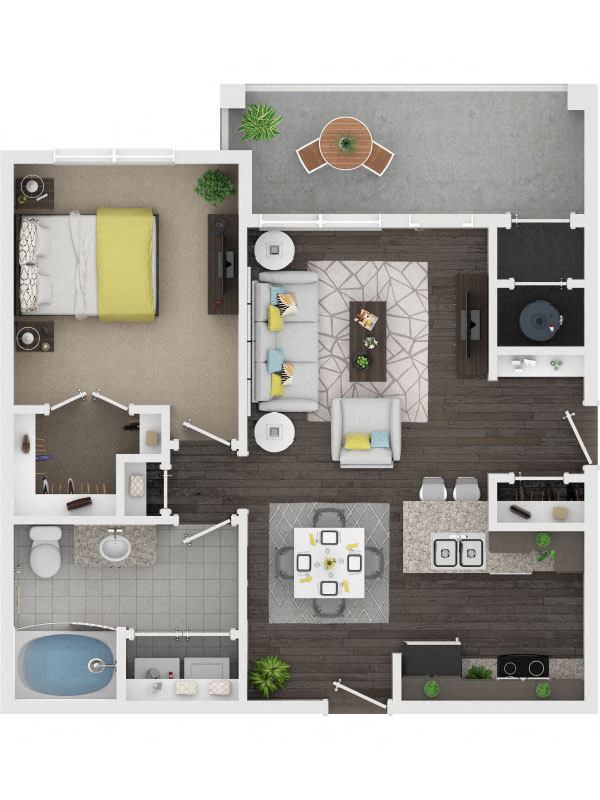 Floor plan for 1 bed, 1 bath, 720 sqft