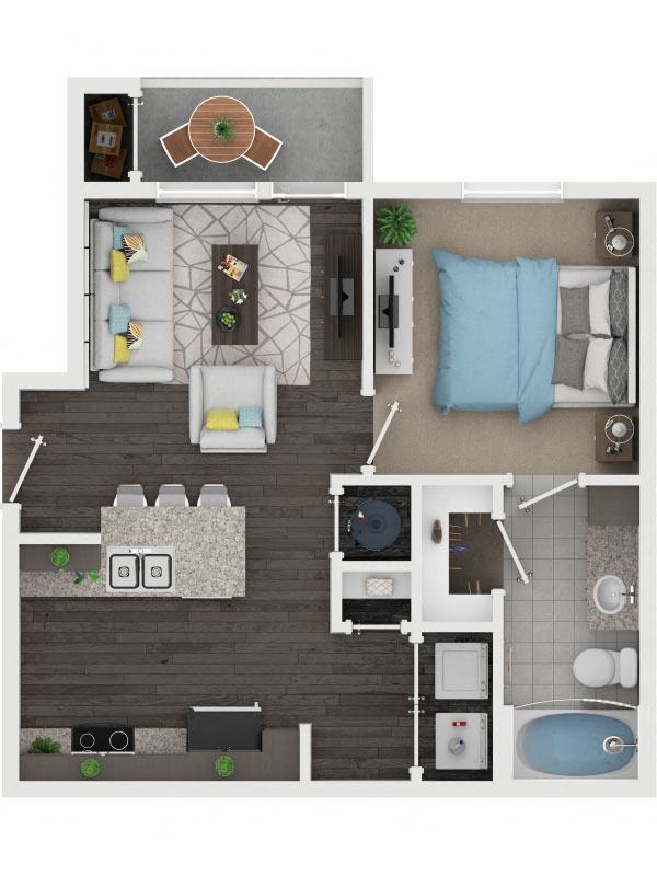 Floor plan for 1 bed, 1 bath, 553 sqft
