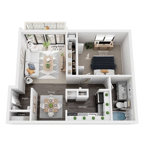 Floor plan for 1 bed, 1 bath, 750 sqft