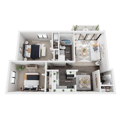 Floor plan for 2 beds, 1 bath, 850 sqft