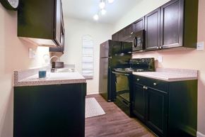 Little Rock apartment for rent - A kitchen with black cabinets and a black fridge.
